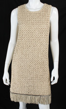 SALVATORE FERRAGAMO 2013 Beige Cotton Blend Woven Suede Fringe Hem Dress M