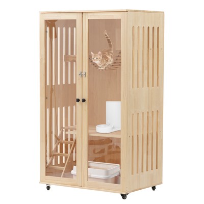 Luxury Cat House Wooden Large Cat Villa with Wheels Multi-Feature Cat Condo 
