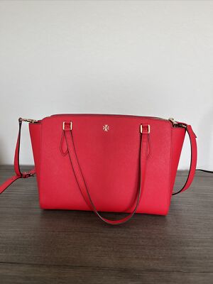 TORY BURCH Emerson Brilliant Red Saffiano Leather Top Zip Tote Crossbody  Handbag