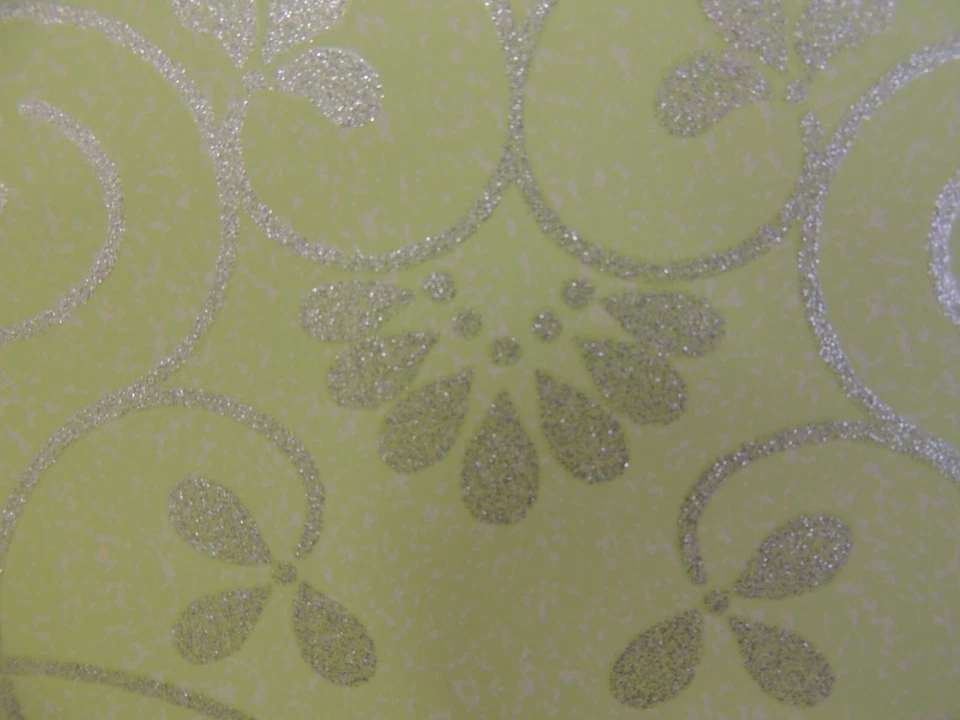 BRIGHT LIME GREEN WITH SILVER GLITTER SCROLL PREPASTED VINYL WALLPAPER # JE3555 - Image 4 of 4