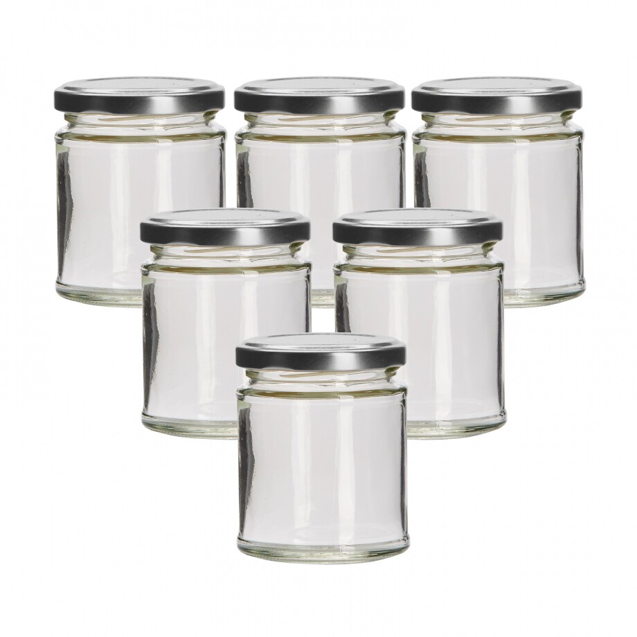 Glass Jam Jars 190ml Round With Silver Lids - Pack Of 6 - Pickles Preserving