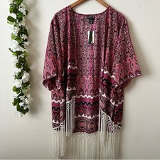 Nwt $78 1x Chelsea Theodore Plus Size Pink White Fringe Paisley Cardigan Kimono