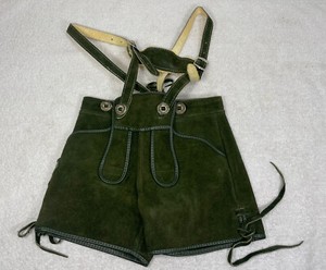 VTG Lederhosen Childrens Shorts Suspenders Green Suede  Leather EUC