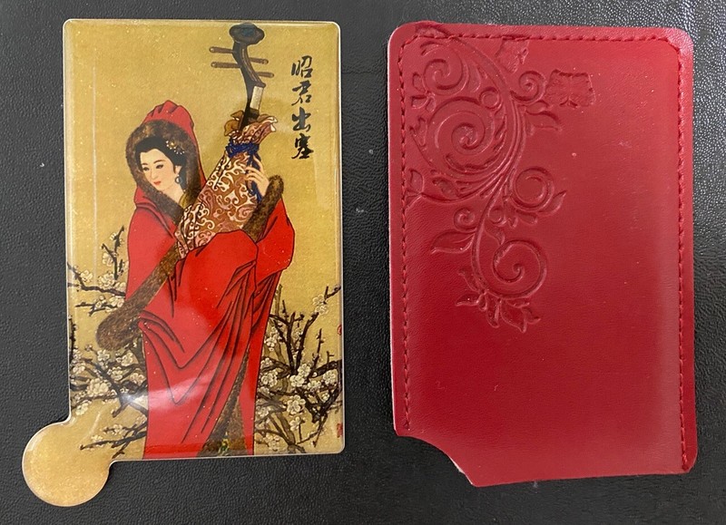 Vintage Rare Chinese Painting Vinyl Metal POCKET MIRROR for Purse in protector