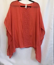 Pure energy coral pink crochet trim scoop neck women's gauze shawl top X-1X
