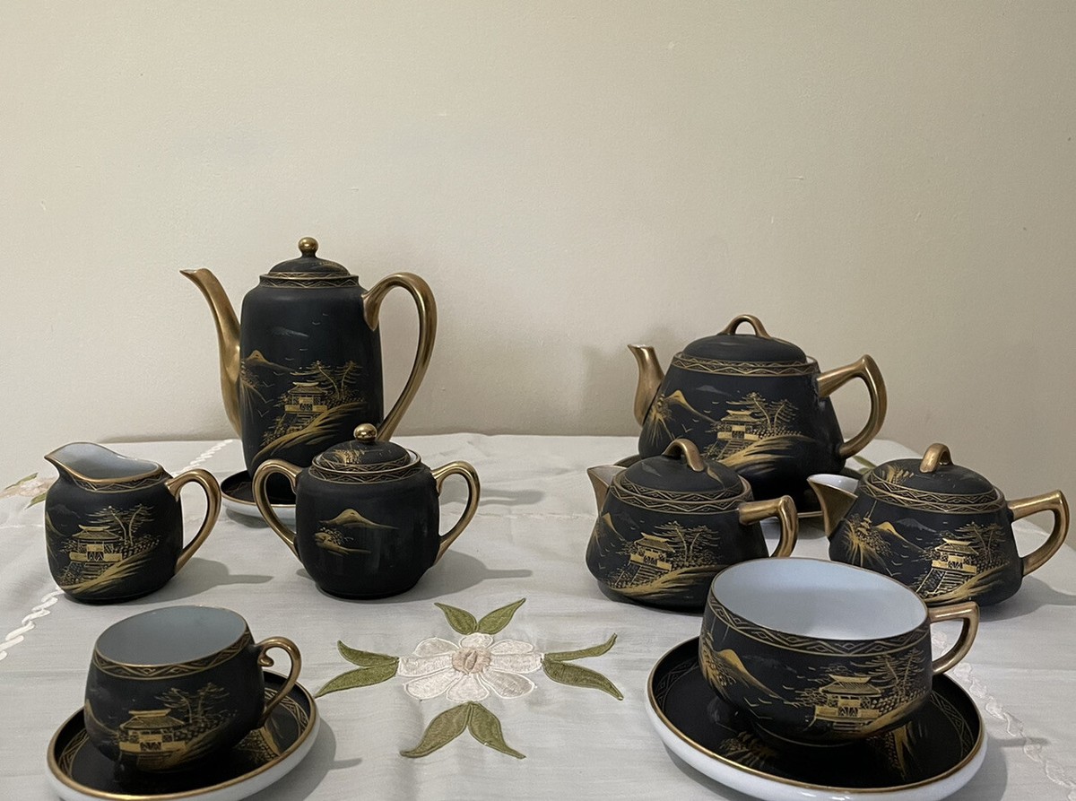 Japanese Lithophane Coffee & Tea Set - Vintage Black and Gold | eBay