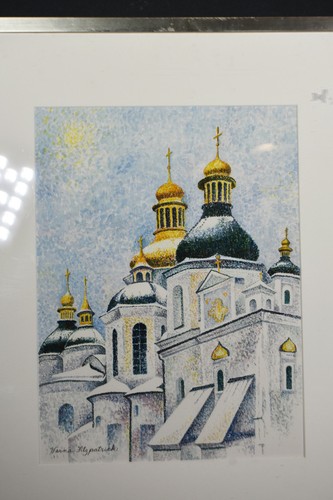 14" Vintage Watercolor Painting Signed Verna Fitzpatrick Pointilism Kiev Church - Picture 2 of 7
