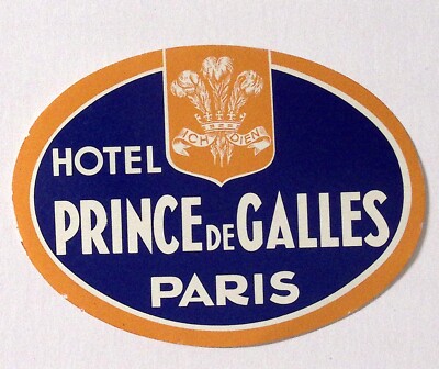 Hotel Prince de Galles Paris Original 1950s Luggage Label 4.5'' W