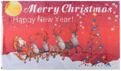 Christmas Banner Santa Claus In A Sleigh With Reindeer Stock