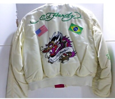 🔥🚨Vintage Christian Audigier Ed Hardy White Bomber Jacket Womens