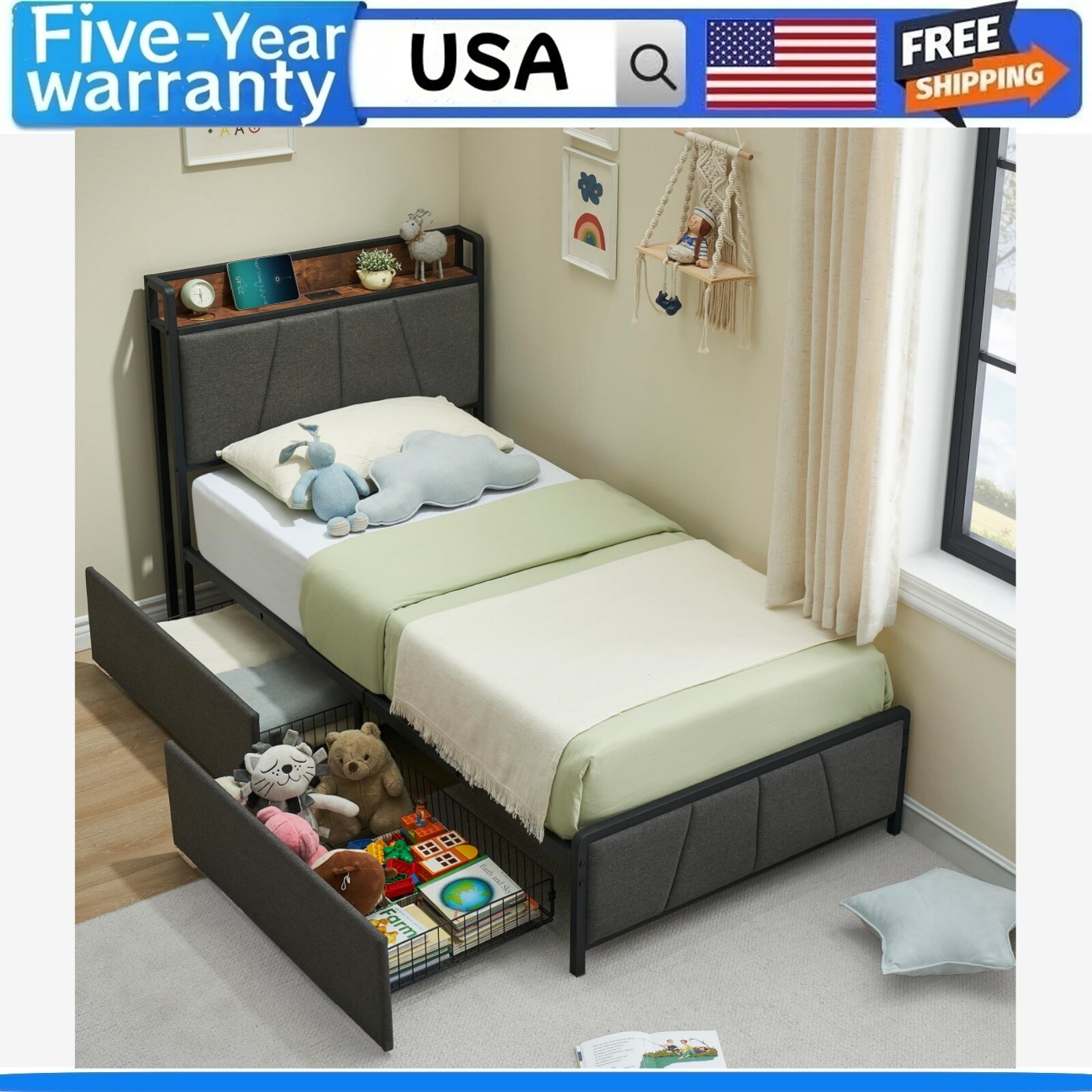 With 2 Storage Drawers And Charging Station Upholstered
