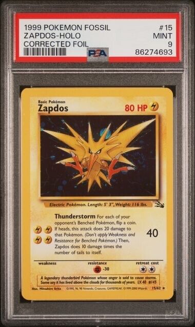1999 Pokemon PSA 9 Zapdos Holo Corrected Foil - 15/62 Fossil MINT 🔥low pop🔥