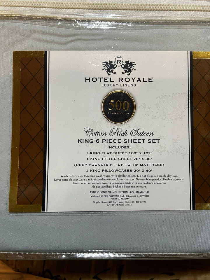 Juego de sábanas Hotel Royal algodón rico satén tamaño king 6 piezas azul liso 500 TC Foto 3 de 4