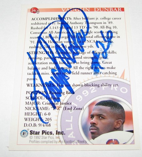 Autógrafo de novato Indiana Hoosiers 1992 Star Pics automático Vaughn Dunbar #26 - Imagen 3 de 4