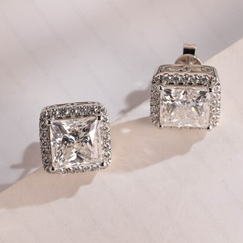1.70Ctw Princess Moissanite Vintage Halo Push Back Earring 14k White Gold Plated - Picture 7 of 14