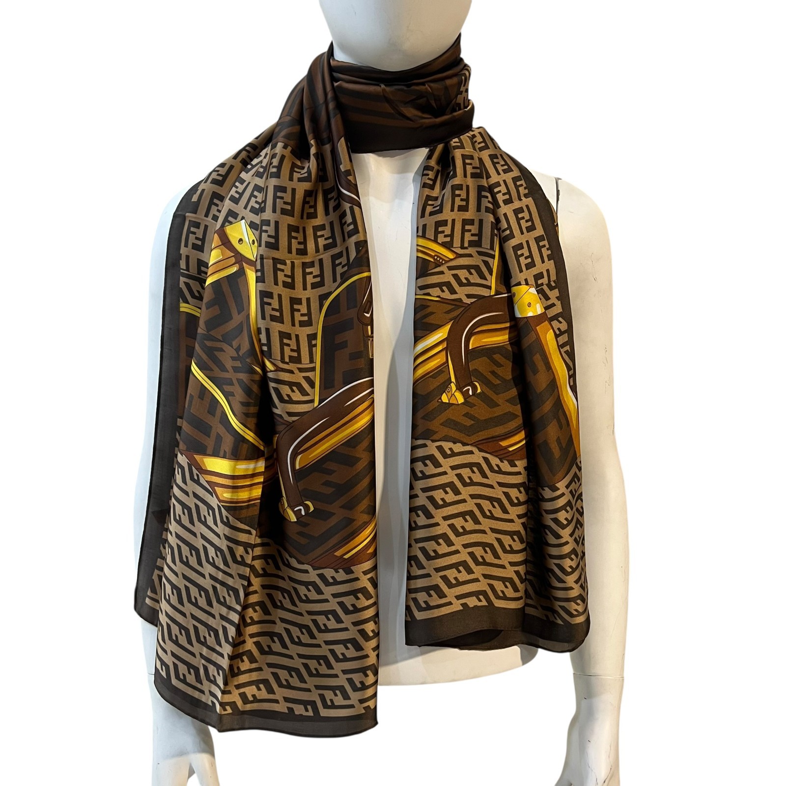 Fendi FF Monogram Silk Scarf Vintage Luggage Print Brown Gold Made in Italy Auth thumbnail 2