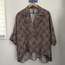Anthropologie Large Dylon Wide Placket Leopard Print Top Brown Oversized Boxy