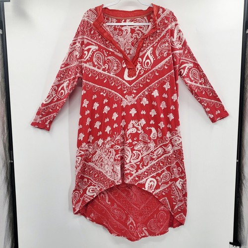 We The Free Arizona Tee Collared Dress Red & White Oversized Print Women's Sz S