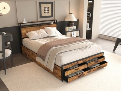 Full Size Metal Bed Frame with LED Headboard,Charging Station &8 Storage Drawers