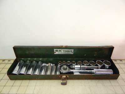 SK Tools 20pc 3/8'' Drive Deep Shallow Socket Set Vintage No.4520 ,Ratchet, Case
