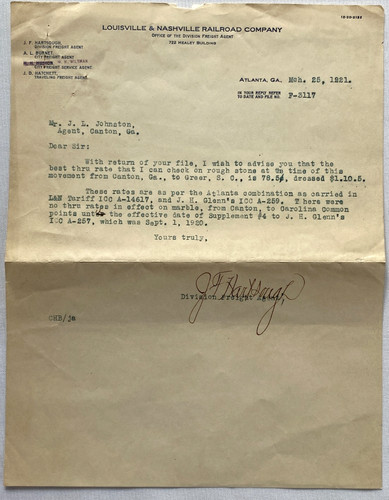 Louis & Nashville Railroad Company Division Freight Agent Correspondence Letter