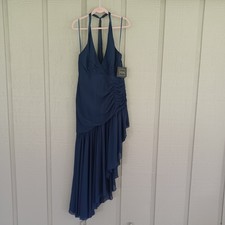 Mac Duggal Ieena Ruched Asymmetric Chiffon Dress Size 14 Women Feminine Navy