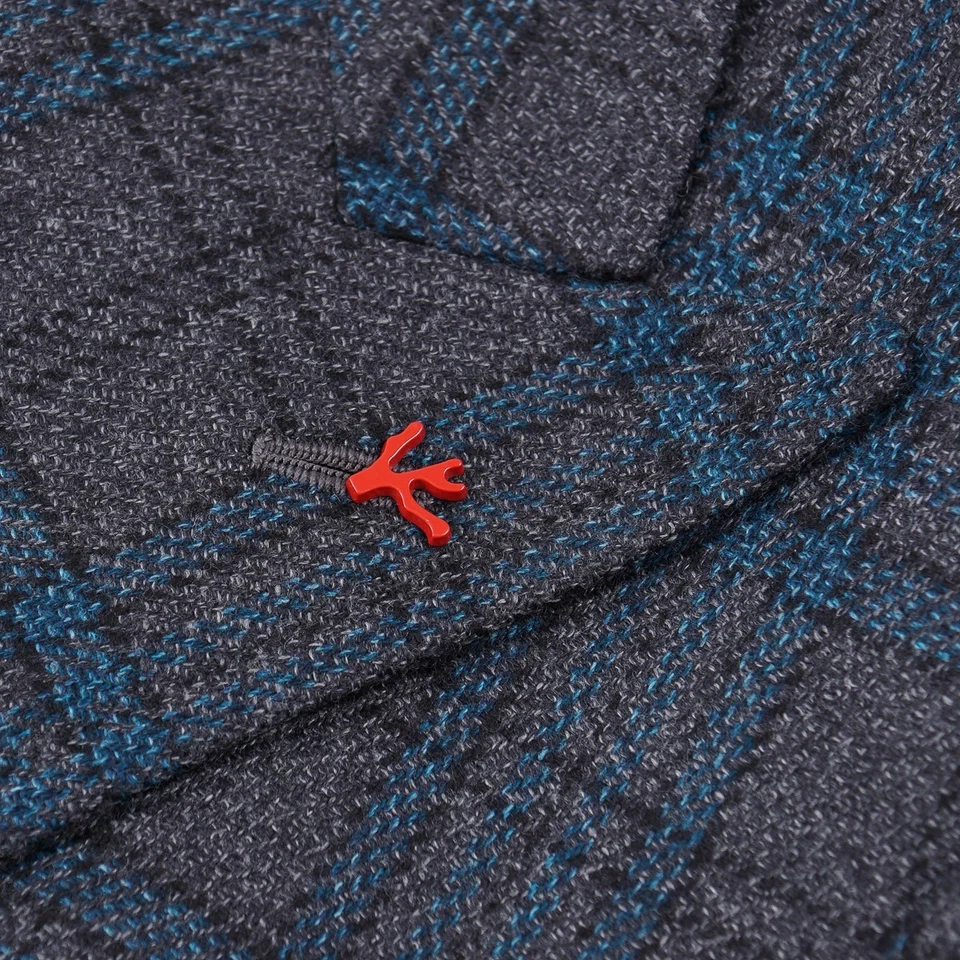 Abrigo deportivo Isaia 'Capri' gris-azul turquesa a cuadros lana-seda 40R (UE 50) NUEVO CON ETIQUETAS Foto 4 de 4