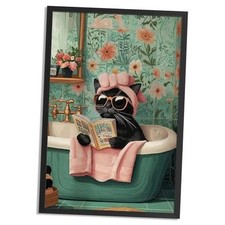 Framed Funny Cat Wall Art-Tub Cat Reading Poster For Room 16L" x 12W" CAT4