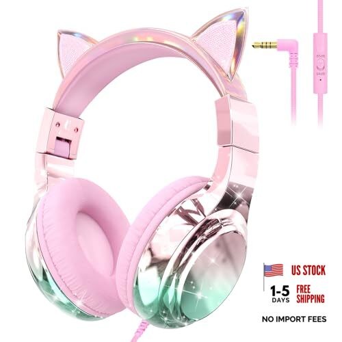 Kids Cat Ear Headphones Wired with Mic, 85/94dB Safe Volume Limit, Cat Pink