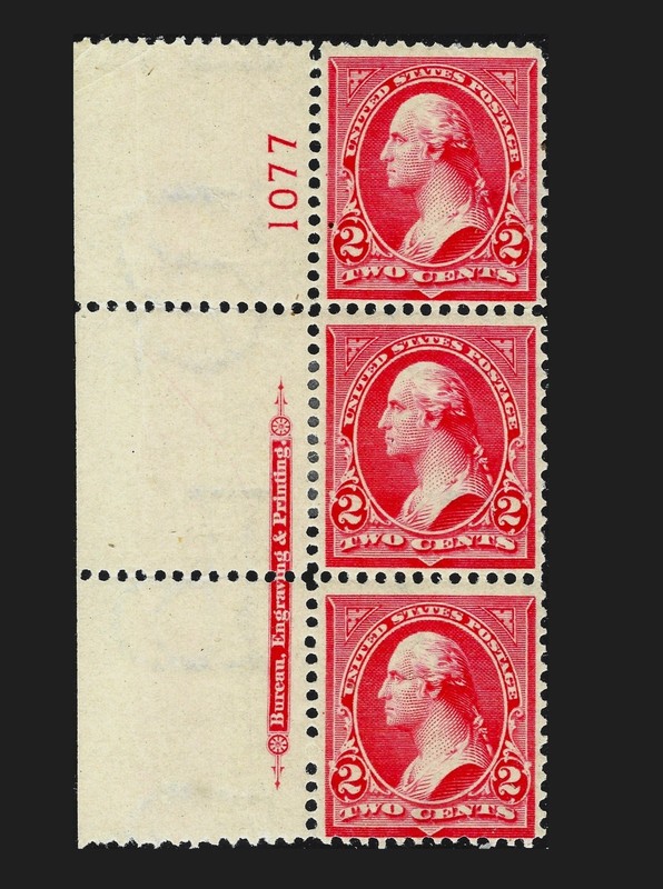 #279Bh Vermilion. Mint Original Gum Plate Strip of Three. Fresh, Sound.