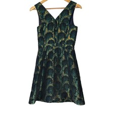 J. Crew Fit Flare Sleeveless Peacock Jacquard green and gold Dress 2