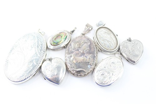 Sterling Silver Locket Mid Century Pendants Photo Oval Hearts Etched x 7 (43g)