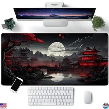 Japanese Riverside Full Moon Desk Mat - Large Black & Red Gaming Pad (31.5x15.7)