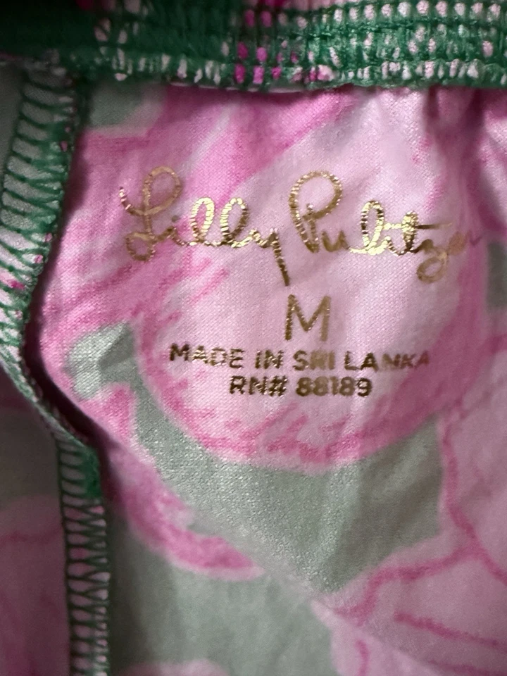 Lilly Pulitzer Knit Pants Medium Kelly Green Hibis Kiss Lounge Pink Hibiscus - Image 3 of 4