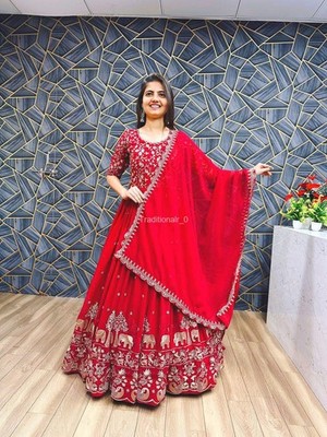 Red Elephant Motif Embroidered Anarkali Gown Set with Dupatta, Indian Wedding