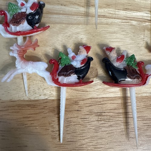 Vtg Santa Claus Sled Reindeer Pick Cake Topper Lot 10 Plastic Christmas - Picture 5 of 15