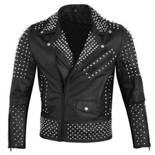 Men's Black Handmade Punk Moto Style Studded Real Cowhide Leather Biker Jacket