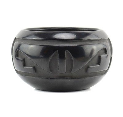 Santa Clara Black Bowl with Carved Design c. 1960s, 4.25'' x 7.5''