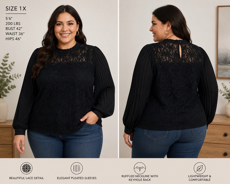 Sz 1X Elegant Lace Pleated Sleeve Blouse with Keyhole Back Vivid