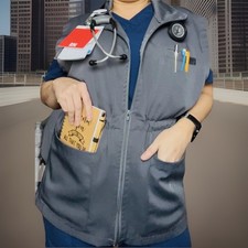 Nurse Vest Uniform Gray MEDIUM Big Utility Pockets Adjustable Waist Full Zip