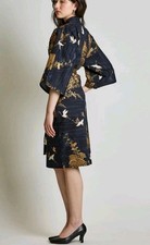 Japanese Kyoto Kimono 100 Cotton Robe Navy White Cranes Gold Floral US M Sz 42
