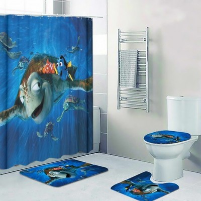Finding Dory Nemo And Turtle Print Shower Curtain Bath Math Toilet Lid Cover Mat