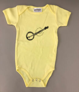 Baby-One-Piece-6-12-Months-Yellow-with-fun-Banjo-print-100-soft-cotton