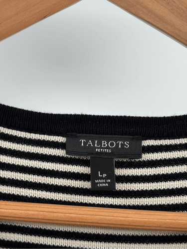 Talbots Sweater Cardigan Women Size Large Petite Black Off White Stripe Zip Up - Picture 4 of 12
