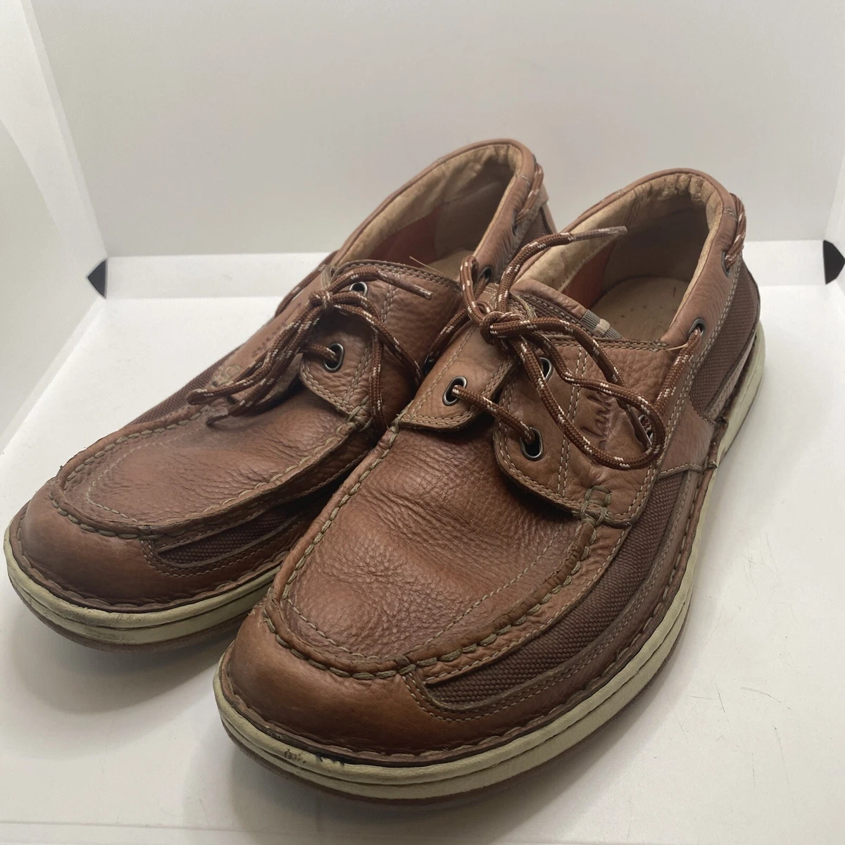 Clarks Deck Boat Dock Dk Brown Leather Canvas Cushioned Lace-Up Shoes Mens 9M | eBay