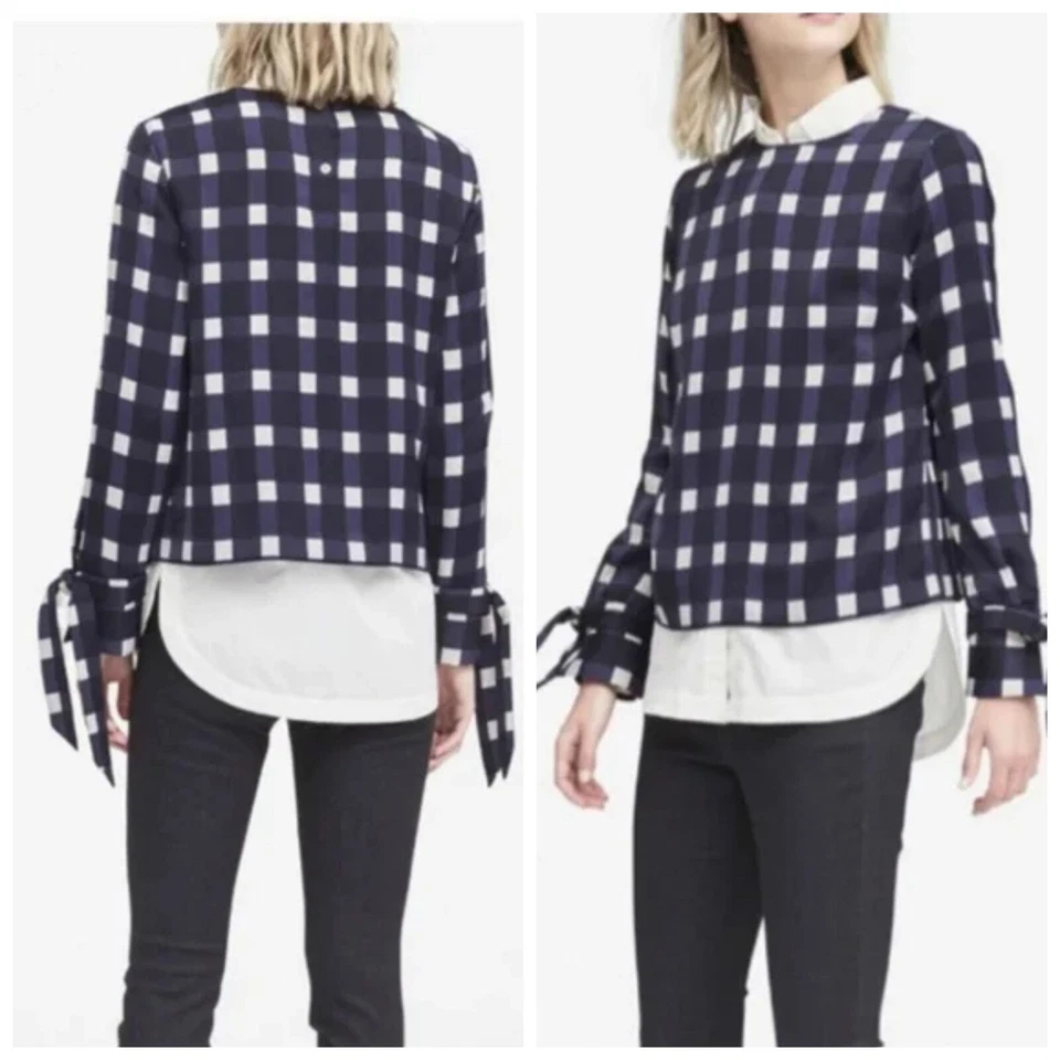 Top para mujer Banana Republic negro azul rejilla cuadros lazo manga larga S nuevo con etiquetas 159