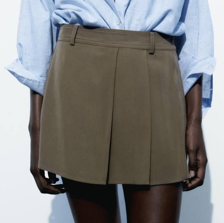 Zara Pleated Mini Skirt Side Zip Military Green-Grey Size XS NWT