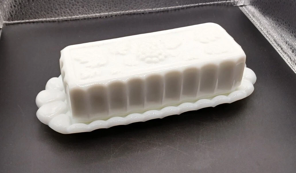 Embossed Westmoreland Milk Glass Butter Dish & Lid Grape and Leaf Holiday Table