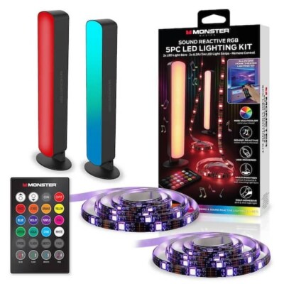 Monster LED 5 Piece Sound Reactive Multi-Color Indoor LED Light Kit, 2 Light Bar