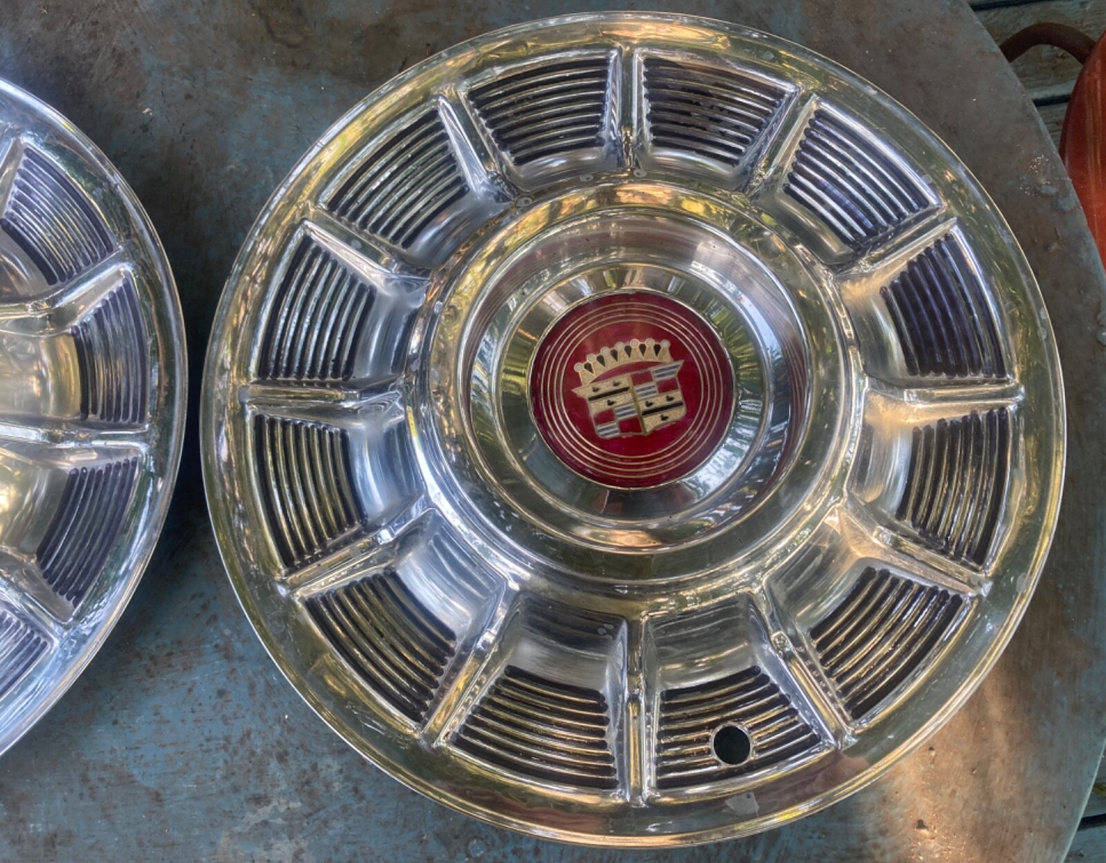 TWO 1957 Cadillac Hubcaps OEM, with repainted Center emblems, HOT ROD